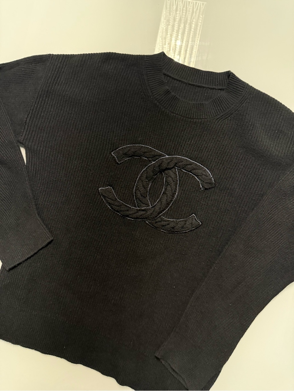 CHANEL Black Crewneck Sweater with Embroidered CC Logo - Picture 3 of 7